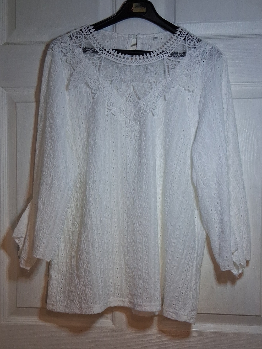 Women's White Lace Eyelet Blouse - Elegant Long Sleeve Top